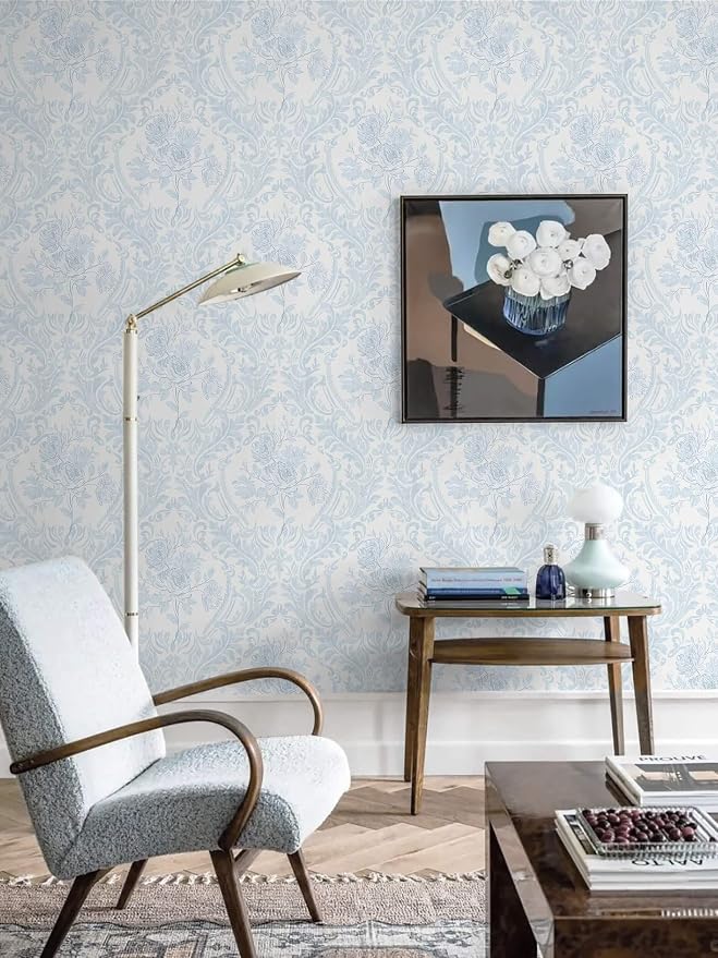 Ismoon Peel and Stick Wallpaper Vintage Floral Contact Paper Boho Watercolor Blue Damask Wallpaper Textured Removable Self Adhesive Vinyl Wall Paper for Bedroom, 17.3inx16.4ft