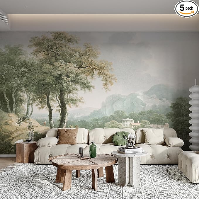 Vintage Forest Wall Murals Peel and Stick 148"x98" Canvas Waterproof | Self-Adhesive Removable Wallpaper for Bedroom Living Room Green Countryside Landscape Wall Art Decor