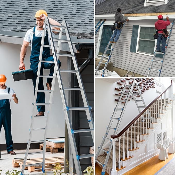 LUISLADDERS Ladder, A Frame Step Ladder Telescoping Ladder, Muti Position Folding Ladder Flared Leg & Wheels Design, 330 lbs Capacity Extension Ladder for Household Outdoor Work (22 FT)