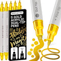 ARTISTRO 5 Gold Precision Dual-Tip Acrylic Paint Markers – Paint Pens Set with Dot & Fine Tips for Fabric, Rock, Glass, Wood, Coloring Books – Classroom & Art Supplies Gift Teacher Appreciation Gift