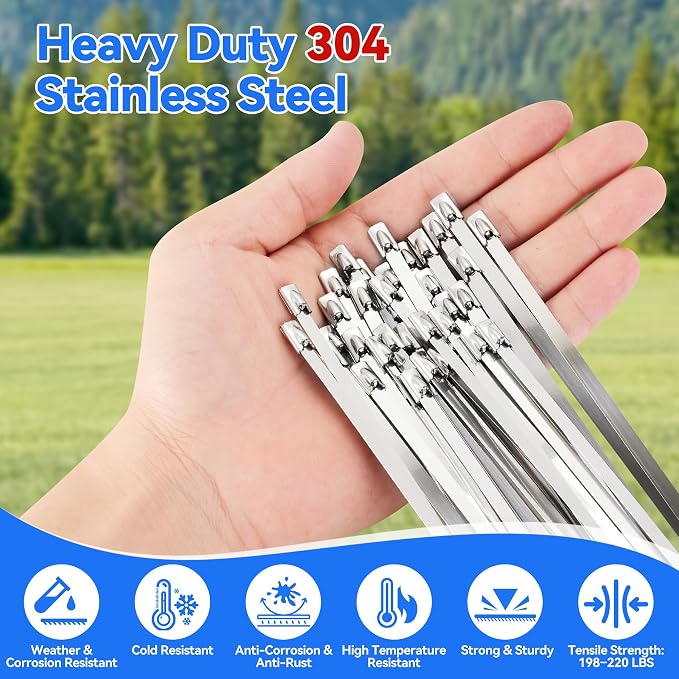 Stainless Steel Cable Tie Gun Metal Zip Cutter Heavy Duty Outdoor, 250PCS 304 Metal Zip Ties Adjustable Fastening Cutting Tie Tool Sets for Vehicles Exhaust Wrap Wire Fence Chicken Coop
