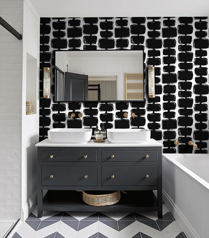 Safiyya Peel and Stick Wallpaper Black and White Contact Paper Mid Century Modern Abstract Geometric Wall Paper Self Adhesive Removable Wallpaper for Bathroom and Bedroom Vinyl 17.3"x78.7"
