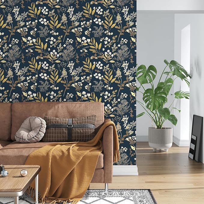 Vintage Dark Blue Floral Boho Peel and Stick Wallpaper 17.5"x787" | Self Adhesive/Removable/Waterproof/Thick Vinyl Extra Long Contact Paper for Bathroom Bedroom Shelf Cabinet Drawer,Prepasted