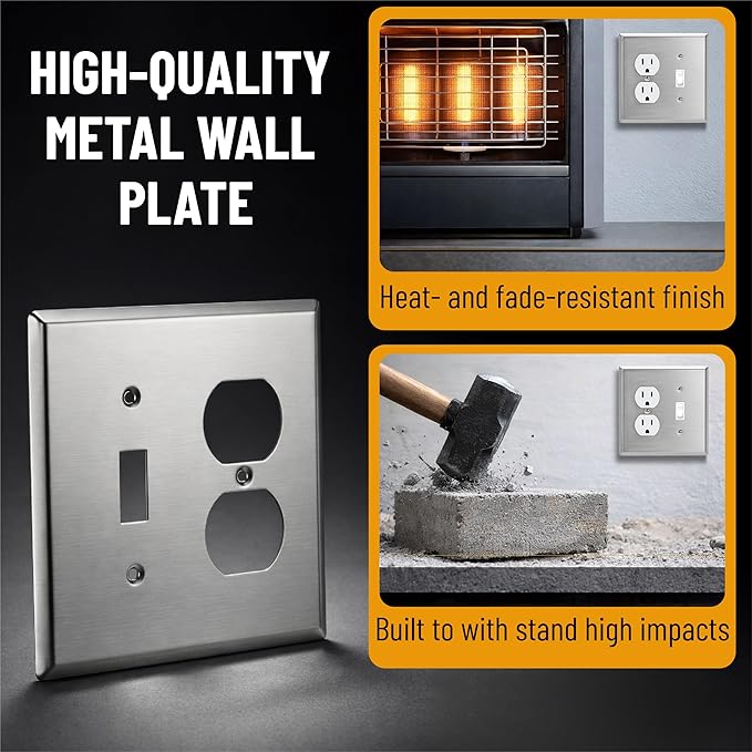 Bates- 2-Gang Combination Wall Plate, 4.88"x 4.92"/Mid-Size, Silver, Stainless Steel Toggle Light Switch/Duplex Receptacle Outlet, 2 Gang Wall Plate for Electrical Outlets, Double Outlet Cover Plate