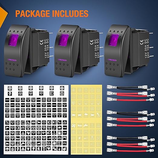 Nilight 3 Pack Rocker Switches with Night Glow Stickers On Off 5 PIN SPST LED Switch Pinkish Purple Backlit 12V/24V for Cars Trucks RVs Boats Auto Motorcycles
