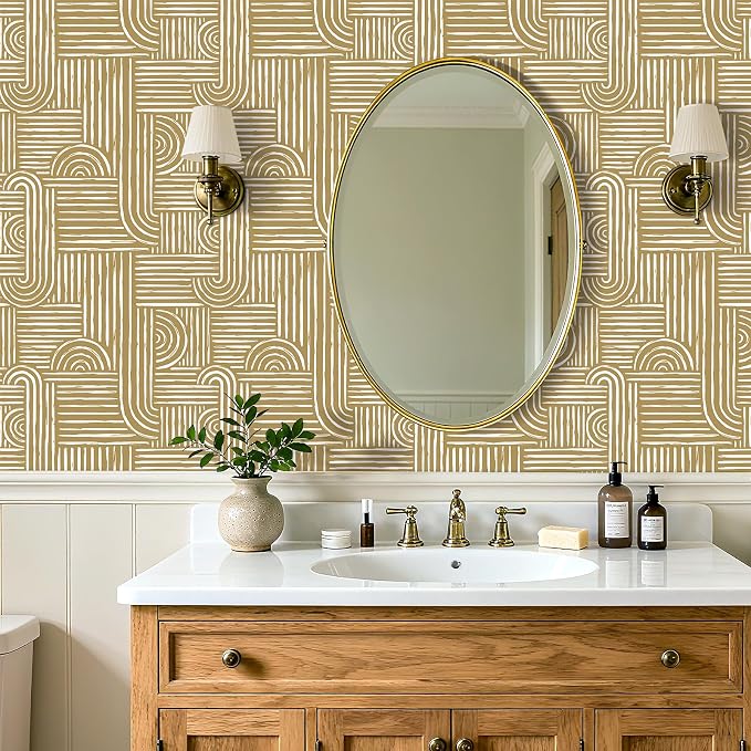 Livelynine Geometric Abstract Peel and Stick Wallpaper White and Gold Mid Century Modern Neutral Mustard Yellow Golden Beige Designs Wallpaper Boho Contact Paper Rolls Minimalist Removable 17.5x78.8