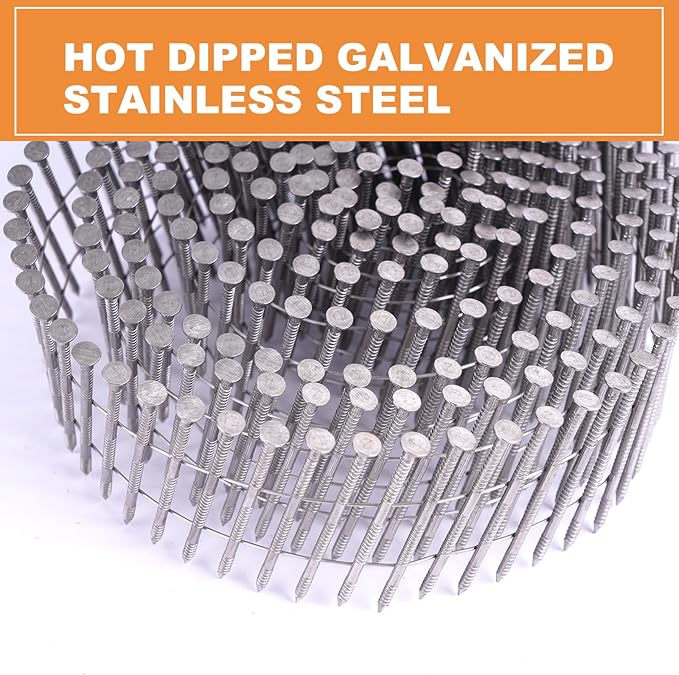 Stainless Steel 3600 Count Siding Nails, 15-Degree 2 Inch *.092 Wire Collated Coil Ring Shank Nails, Full Round Head Galvanized Siding Nailer Attachment Replacement Parts