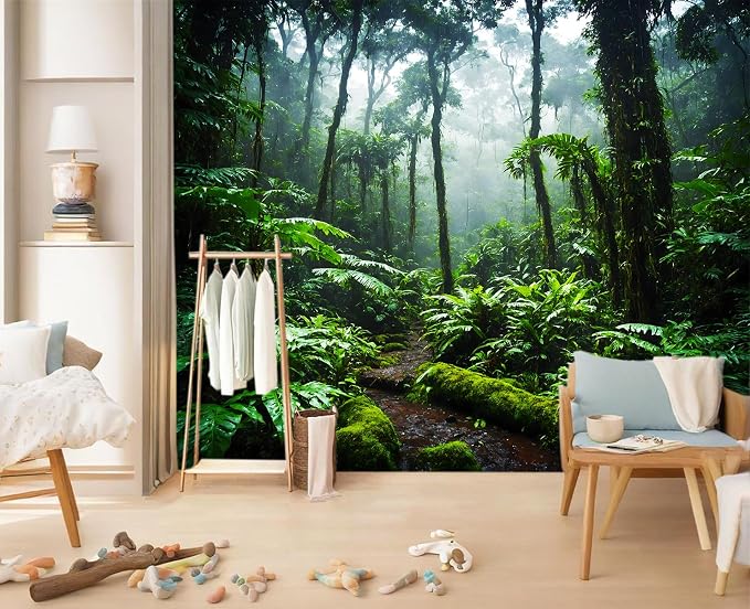 YIHWM-Peel and Stick Tropical Rainforest Wallpaper Green Jungle wall Mural | Tear-resistant,with a substantial feel;Will not be damaged during repositioning.Bathroom,Bedroom wallpaper.M-118"x85"
