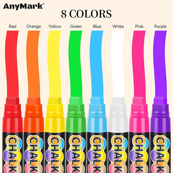 AnyMark 8 Colors Window Chalk Markers, 15mm 3-In-1 Jumbo Wide Nib Chalk Marker, Dust-Free & Non-Toxic, Erasable Chalk Markers for Blackboards, Rock Painting, Poster, Stone, Ceramic, Glass