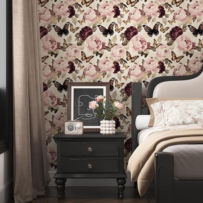 Beige Pink Butterfly Floral Peel and Stick Wallpaper 17.5"x393" | Self Adhesive/Removable/Waterproof/Thick Vinyl Vintage Contact Paper for Bathroom Bedroom Shelf Cabinet Drawer,Prepasted