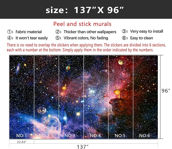 YIHWM-Peel and Stick Galaxy Wallpaper Universe Planet Starry Sky wall Mural | Tear-resistant,with a substantial feel;Will not be damaged during repositioning.Boy's Room,kids room wallpaper.L-137"x96"
