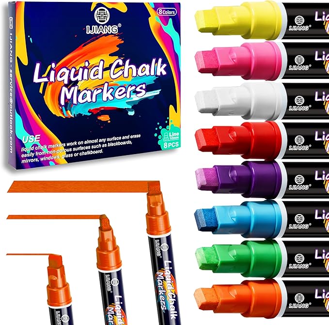 IJIANG Chalk Markers Neon 8 Colors, Jumbo Liquid Chalk Markers with 10mm 3-in-1 Tips Perfect for Blackboard Whiteboard Chalkboard and Window Cars Glass Mirror, Dry & Wet Erase Pens