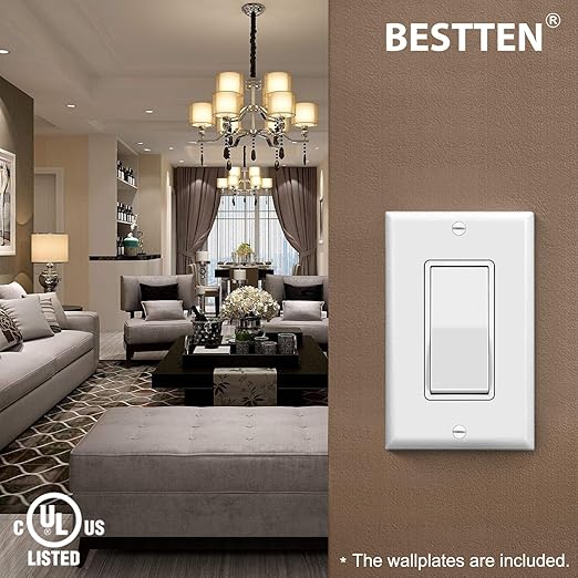 BESTTEN 60 Pack Single Pole Decorator Wall Light Switch with Wallplate, 15A 120/277V, On/Off Rocker Paddle Interrupter, UL Listed, White