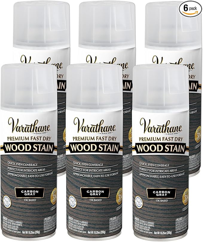 Varathane Premium Fast Dry Wood Stain Spray | 1 Hour Dry Time | 1 Coat Color | Interior Wood Stain | Furniture, Cabinets, Doors, Trim | 10.25 oz | 6 Pack | Carbon Gray