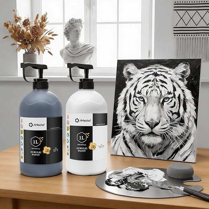 Artecho Titanium White Acrylic Paint 1000ml (33.8 fl oz) with Pump Dispenser – High Pigment for Exceptional Coverage, Large Bottle Craft Paint for Canvas, Wood, Rocks, Fabric, Ceramic – Non-Toxic