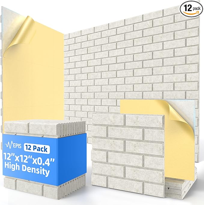 12 Pack Acoustic Panels with Self Adhesive Sound Proof Foam Panels for Wall | 12" X 12" X 0.4" High Density Soundproof Wall Panels, Brick Sound Absorbing Panels for Home Studio Office Decor - Ivory