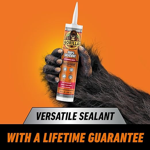 Gorilla 100% Silicone Caulk Kitchen & Bath Sealant, Mold Resistant, 10 oz. Cartridge, Clear