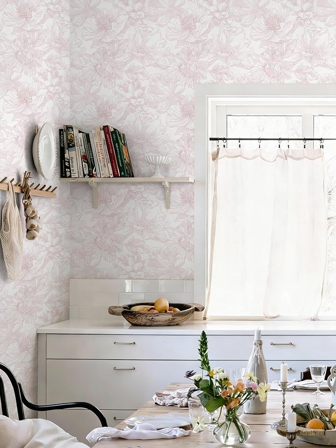 393"x17.3" Peel and Stick Wallpaper Floral Contact Paper Boho White Pink Flower Wallpaper Removable Wall Paper Self Adhesive Modern for Cabinets Drawers Bedroom Thicken Vinyl