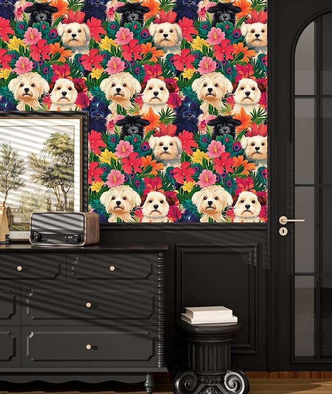 BOKEBEVE Dogs Floral Wallpaper Peel and Stick Boho Colorful 17.5 x 393.5In | Extra Long Removable Renter Friendly Vintage Floral Wall Paper for Bedroom Bathroom Cabinet Drawer Feature Accent Wall