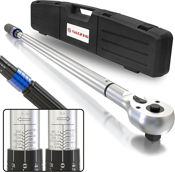 SuZhi 3/4 Inch Drive torque wrench 100-700 ft lb /135-949N.M/Aluminum Alloy handle & Cr-Mo Material Head, Heavy Duty, Professional,Dual Direction, Store in Solid Case