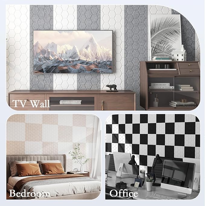 12Pack Acoustic Wall Panels, Honeycomb Self-Adhesive Sound Proof Foam Panels for Walls, High Density Decorative Hexagon Sound Absorbing Wall Tiles for Recording Studios, Home, 12"×12"×0.4", Grey