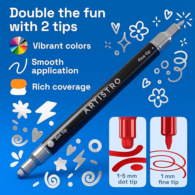 ARTISTRO 36 Metallic Precision Dual-Tip Acrylic Paint Markers – Paint Pens Set with Dot & Fine Tips for Fabric, Rock, Glass, Wood, Coloring Books – Classroom & Art Supplies Teacher Appreciation Gift