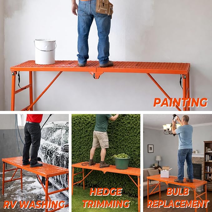 70" Folding Scaffolding Platform, 770lbs Heavy Duty Portable Work Platform with Adjustable Legs for Stairs & Uneven Ground, Multi-Purpose Scaffold Ladder, Welding Table, Red