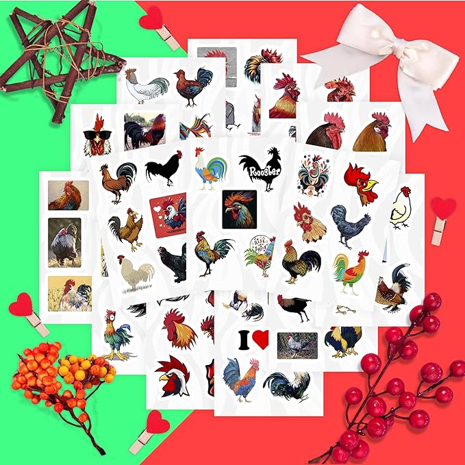 BulbaCraft 100Pcs Rooster Stickers for Water Bottle and Laptop - Rooster Party Supplies & Decorations, Waterproof Vinyl Decals, Cute Animal and Farm Stickers, Gifts for Women & Men