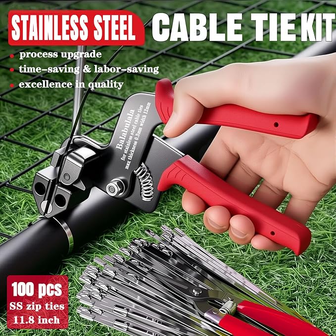 105PCS Heavy Duty 304 Stainless Steel Cable Tie Gun Kit | 100pcs 11.8inch Metal Zip Ties, Self-Locking, UV & Corrosion Resistant, for Fence, Exhaust Wrap, Chicken Coop, Farm Use