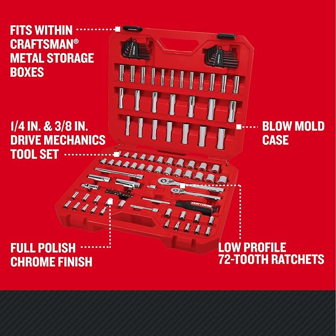 CRAFTSMAN Mechanics Tool Set 105 Pcs, Standard (SAE) and Metric with Case , 1/4 and 3/8 Inch Drive Car Tool Kit( CMMT12123)