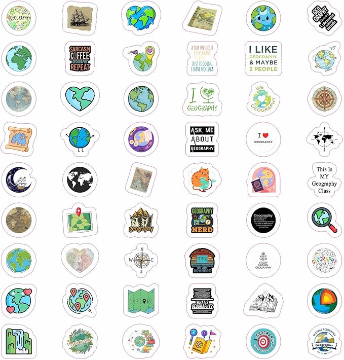 BulbaCraft 100Pcs Geography Stickers for Water Bottle and Laptop - Geography Party Supplies & Decorations, Waterproof Vinyl Decals, Maps and Landmarks Stickers, Gifts for Women & Men