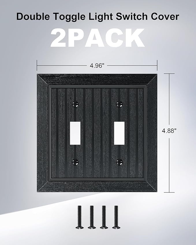 2-Pack Classic Beadboard Double Toggle Light Switch Cover Plate, Unbreakable Polycarbonate Decorative Switch Plate Covers, Matte Black 2 Gang Wall Plate