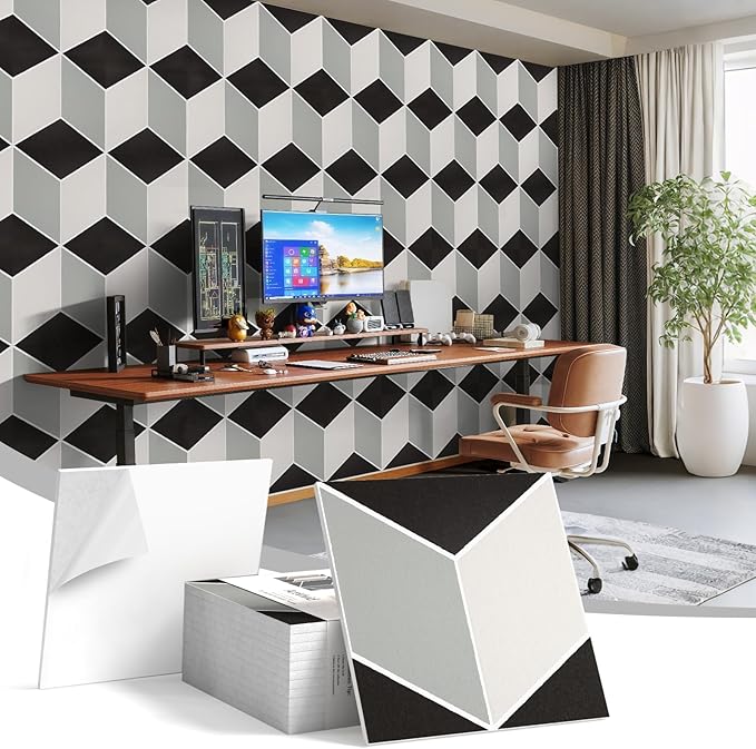 12Pack Acoustic Panels, Self-Adhesive Sound Proof Panels for Walls, Decorative 3D Textured Printing Sound Dampening Panels Sound Absorption Tiles for Studio, Office, Home, 12×12×0.4", Black and White
