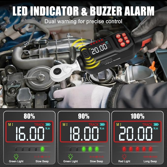 VANPO 1/4 Drive Digital Torque Wrench Set 1.11-22.12 ft.lb, ±2% Accuracy | 1.5-30 N.m Electronic Torque Wrench Set with Bits & Sockets, Buzzer/LED Indicator Alarm, for Carbon Fiber Bike, Motorcycle