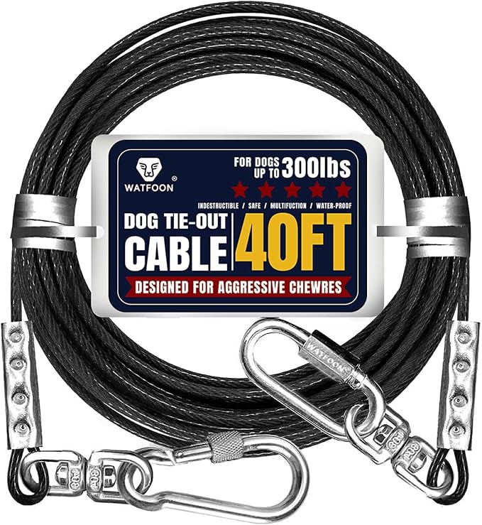 Tie Out Cable for Dogs Up to 300lbs,40ft Extra Strong 1000lbs Break Strength Tie-Out Tether Trolley Training Lead,Dog Run Cable for Yard Garden Park Camping Outside (Reflective Black, 300lbs 40ft)