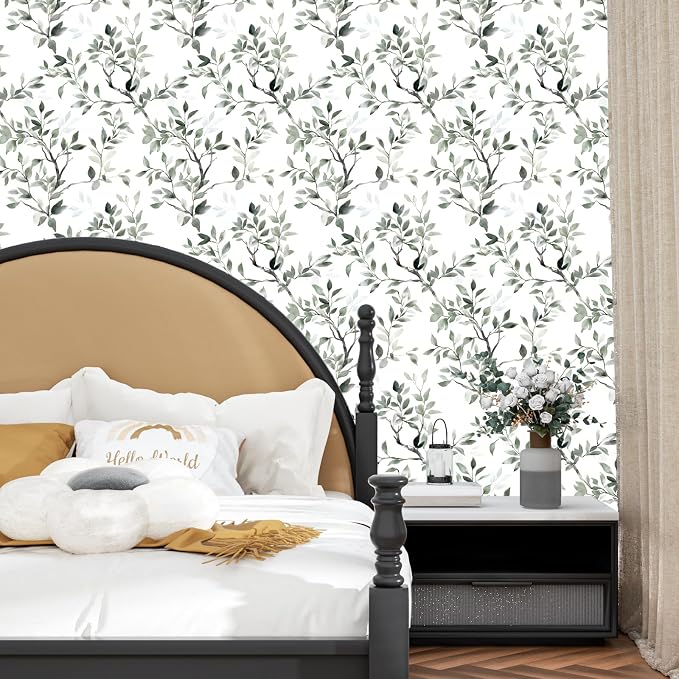 ILHIIOR Green Leaf Peel and Stick Wallpaper Boho Leaf Contact Paper White Floral Removable Self Adhesive Waterproof Wall Paper for Cabinet Drawers Wall Decor Renter Friendly 17.5''x118''