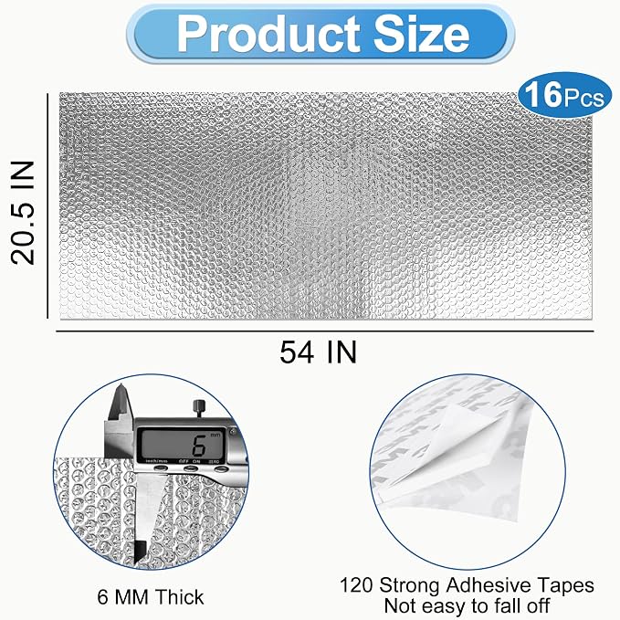 Garage Door Insulation Kit - 16P Double Bubble Window Heat Panels, 6MM 18x6.8FT Reflective Aluminum Foil Summer/Winter Barrier Sheets with Adhesive 120 Tapes for Garage Attic Wall(20.5x54)