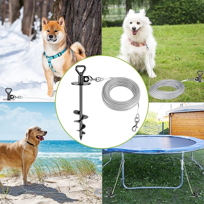 SELEWARE Dog Tie Out Cable and Stake, Dog Stake with 49FT Heavy Duty Cable | 15" Long Anti-Rust Heavy Duty Dog Stake for Large Dogs up to 220 lbs, Easy Install with Twist Rod for Yard, Camping Outside