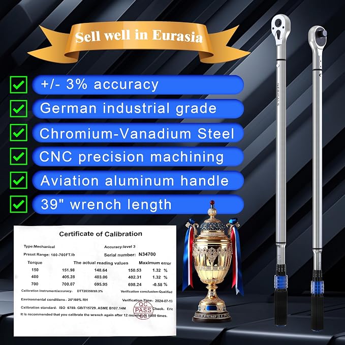 3/4'' 100-600 Ft Lb Torque Wrench Heavy Duty, Dual Direction | High hardness, Long lifetime, Stored In a Solid Case, Quick Release, Cr-V