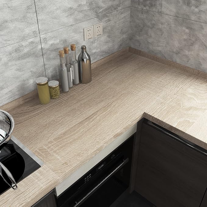 Light Wood Contact Paper Peel and Stick Oak Wood Wallpaper 23.6"x78.74" | Brown Gray Textured Wood Grain Contact Paper for Countertops Kitchen Cabinets Waterproof Self Adhesive Furniture Wood Vinyl