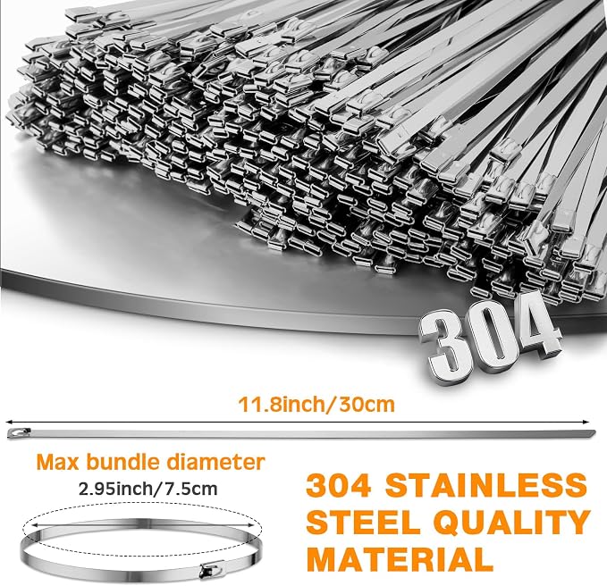 Therwen 1000 Pcs Metal Zip Ties Heavy Duty 304 Stainless Steel Multi Purpose Self Locking Cable Ties for Exhaust Machinery Fence Farm Pipe Roof Outdoor (11.8 Inch)