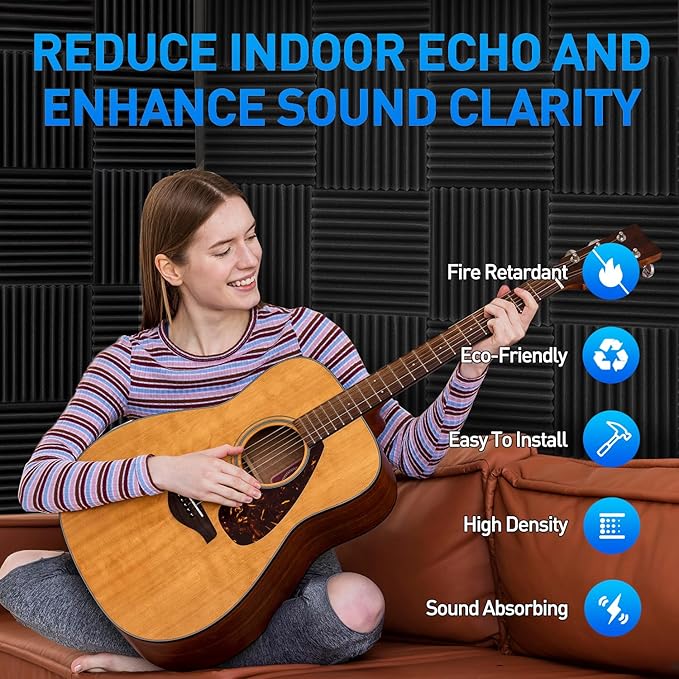 Focusound 120 Pack Acoustic Foam Panels 1" x 12" x 12" Sound Proof Foam Panels Soundproofing Noise Cancelling Wedge Panels for Home Office Recoding Studio with 600 PCS Double-Side Adhesive