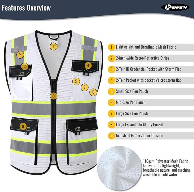JKSafety Hi Vis Reflective Safety Vests for Men Women High Visibility Vest with Pockets Mesh Fabric Construction Safety Apparel Neon Vest for Work (220-White XL)