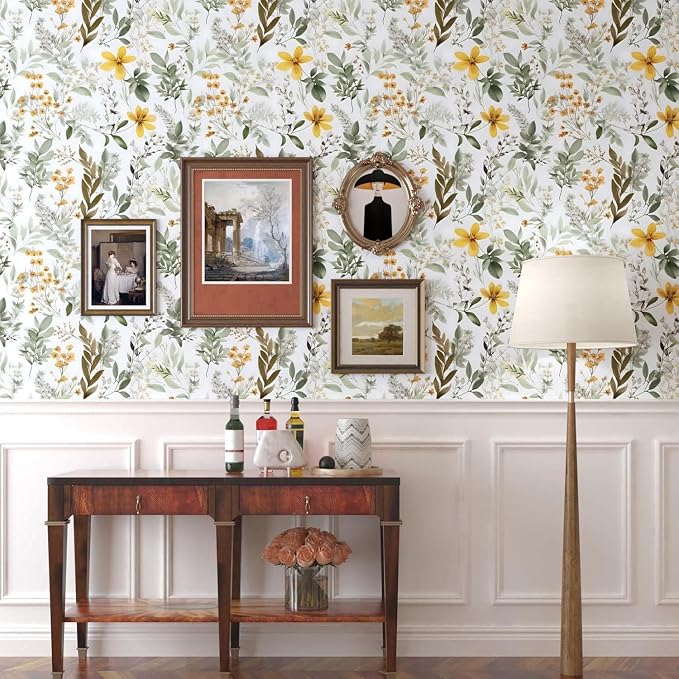 Wallpaper Peel and Stick Green Leaf, Vintage Yellow Floral Contact Paper 17.5" x 393.7", Botanical Wall Paper Self Adhesive Removable Waterproof for Bathroom Shelf Cabinet Drawer Table Decor
