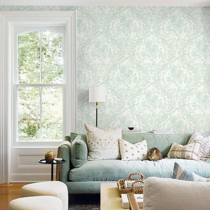 Ismoon Peel and Stick Wallpaper Vintage Floral Contact Paper Boho Watercolor Sage Green Damask Wallpaper Textured Removable Self Adhesive Vinyl Wall Paper for Bedroom, 17.3inx16.4ft