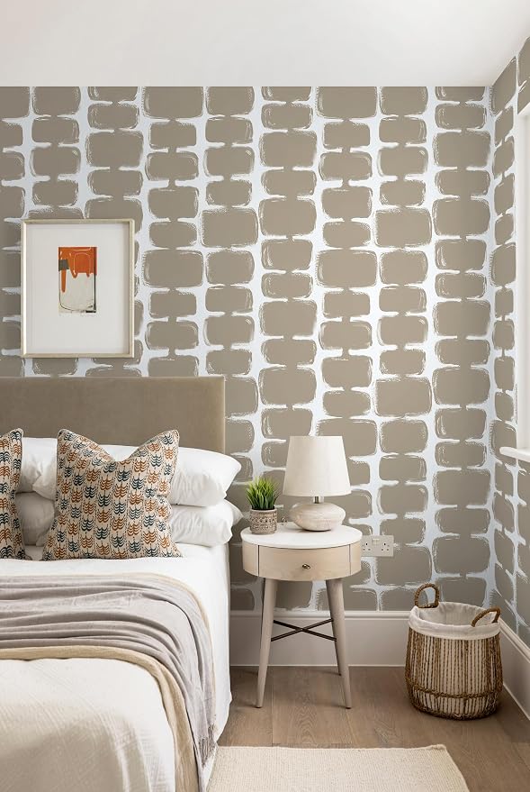 Safiyya Peel and Stick Wallpaper Mid Century Modern Abstract Contact Paper Geometric Wall Paper Self Adhesive Removable Wallpaper for Bathroom and Bedroom Vinyl 17.3"x78.7" Light Brown and White