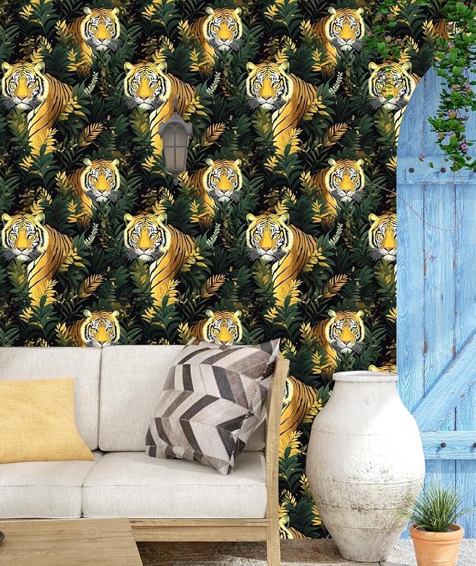 Gold Vintage Tiger Peel and Stick Wallpaper 17.5" x 393" | Waterproof Vinyl Self Adhesive Removable Renter Friendly Floral Contact Paper