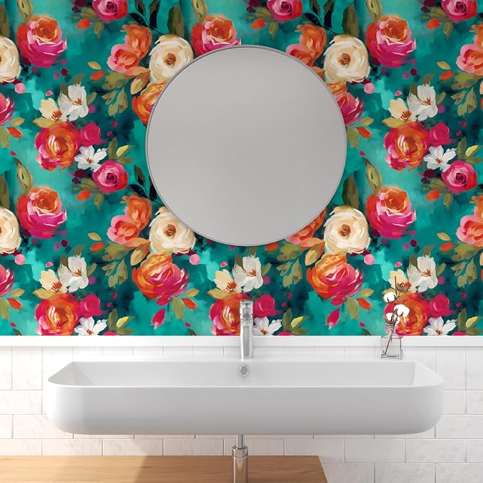 BOKEBEVE Floral Wallpaper Peel and Stick Boho Teal Blue 17.5 x 787In | Super Long Removable Renter Friendly Vibrant Watercolor Wall Paper for Bedroom Bathroom Living Room Feature Accent Wall