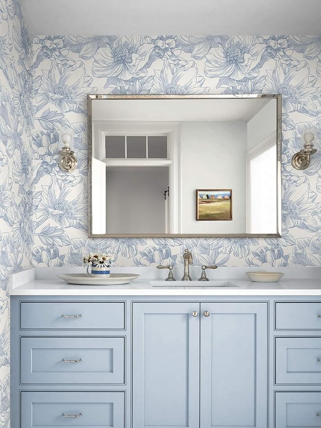 Ismoon Vintage Floral Wallpaper Peel and Stick Beige and Blue Contact Paper 17.3inx32.75ft Removable Self Adhesive Wall Paper for Bathroom Bedroom Cabinet Mural Wall Decor Vinyl Renter Friendly