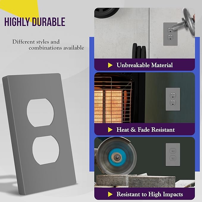 ENERLITES Screwless Duplex Wall Plate, Child Safe Receptacle Outlet Cover, Standard Size, 1-Gang 4.68" x 2.93", Unbreakable Polycarbonate Thermoplastic, UL Listed, SI8821-GY-5PCS, Gray, 5 Pack